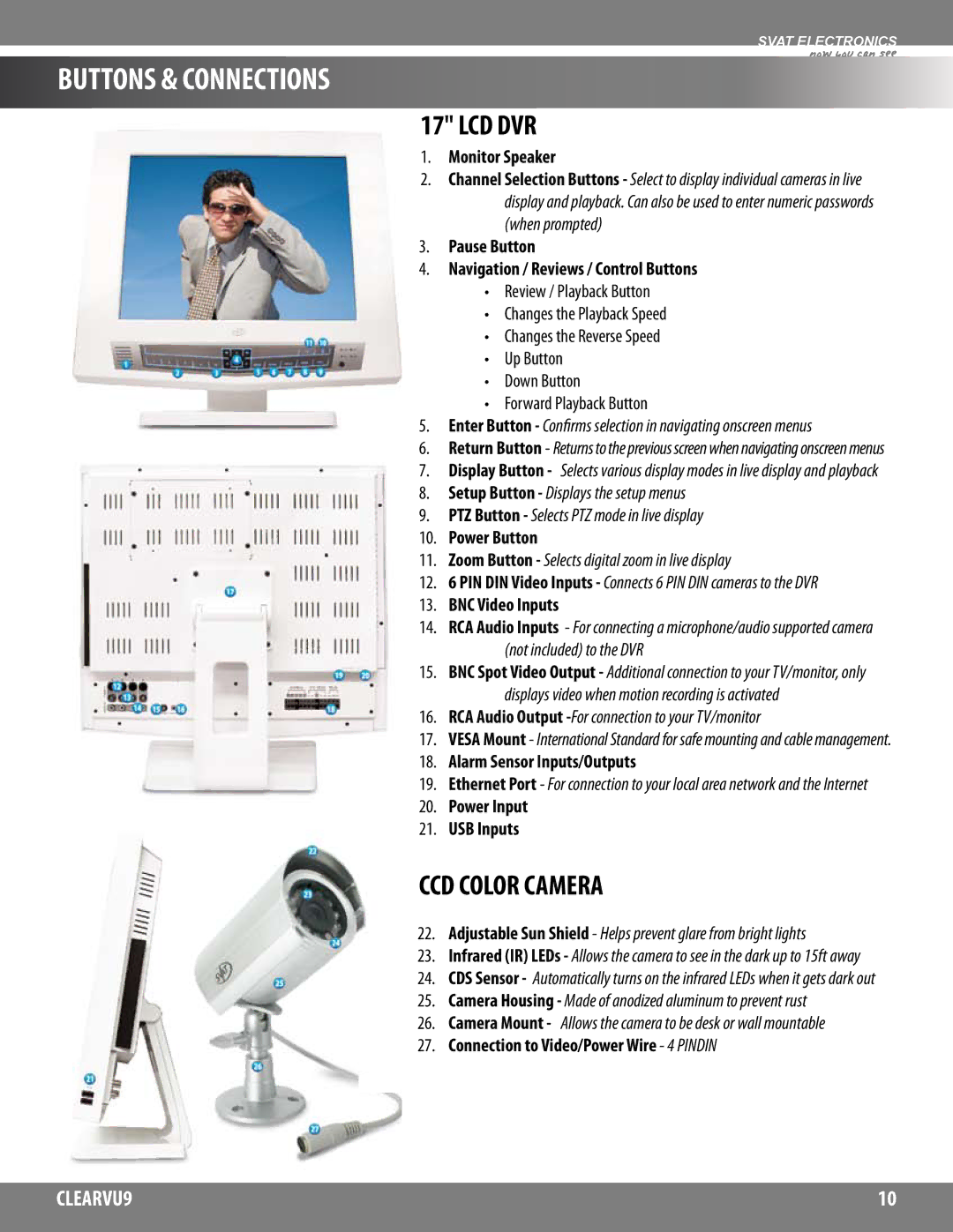 SVAT Electronics CLEARVU9 instruction manual Buttons & Connections, Lcd Dvr, CCD Color Camera 