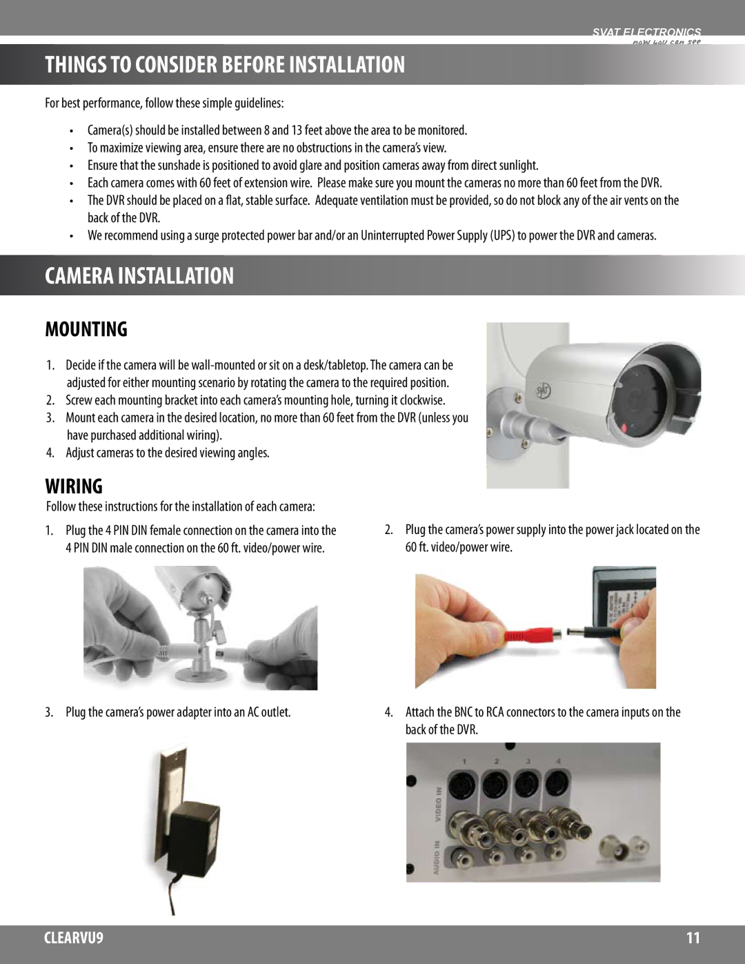 SVAT Electronics CLEARVU9 instruction manual Things to Consider Before Installation, Camera Installation, Mounting, Wiring 