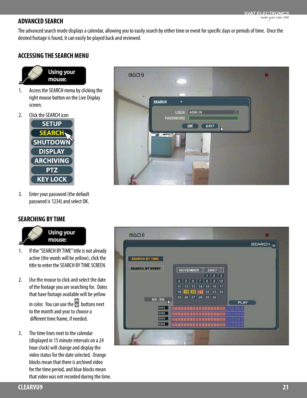 SVAT Electronics CLEARVU9 Advanced Search, Accessing the Search Menu, Searching by Time, Click the Search icon 