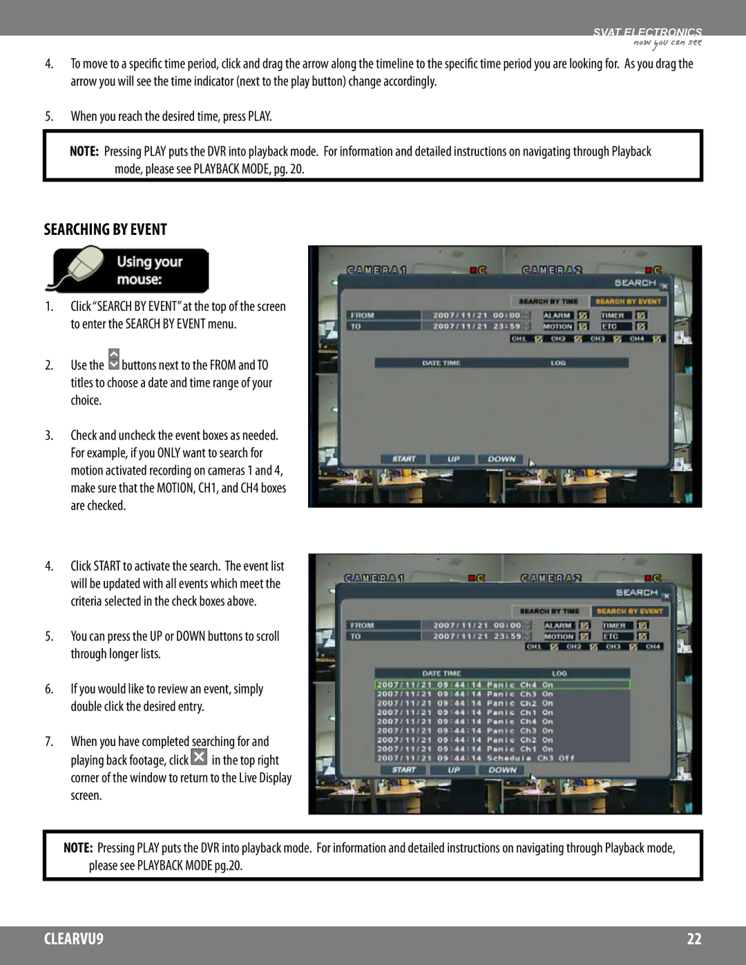 SVAT Electronics CLEARVU9 instruction manual Searching by Event, When you reach the desired time, press Play 