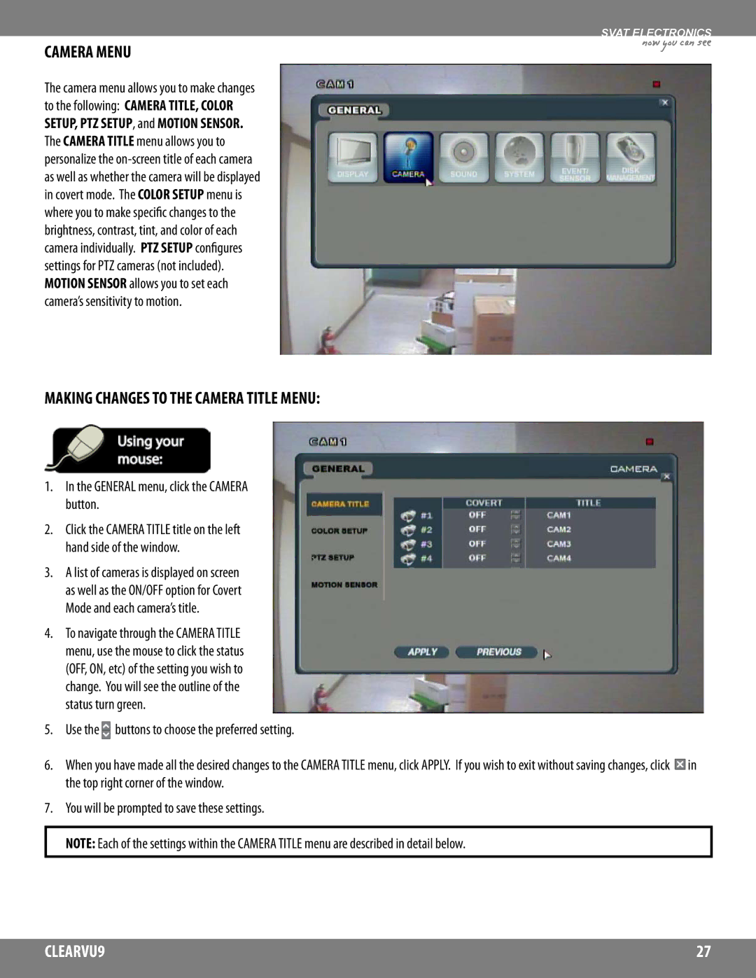 SVAT Electronics CLEARVU9 Camera Menu, Making Changes to the Camera Title Menu, General menu, click the Camera button 