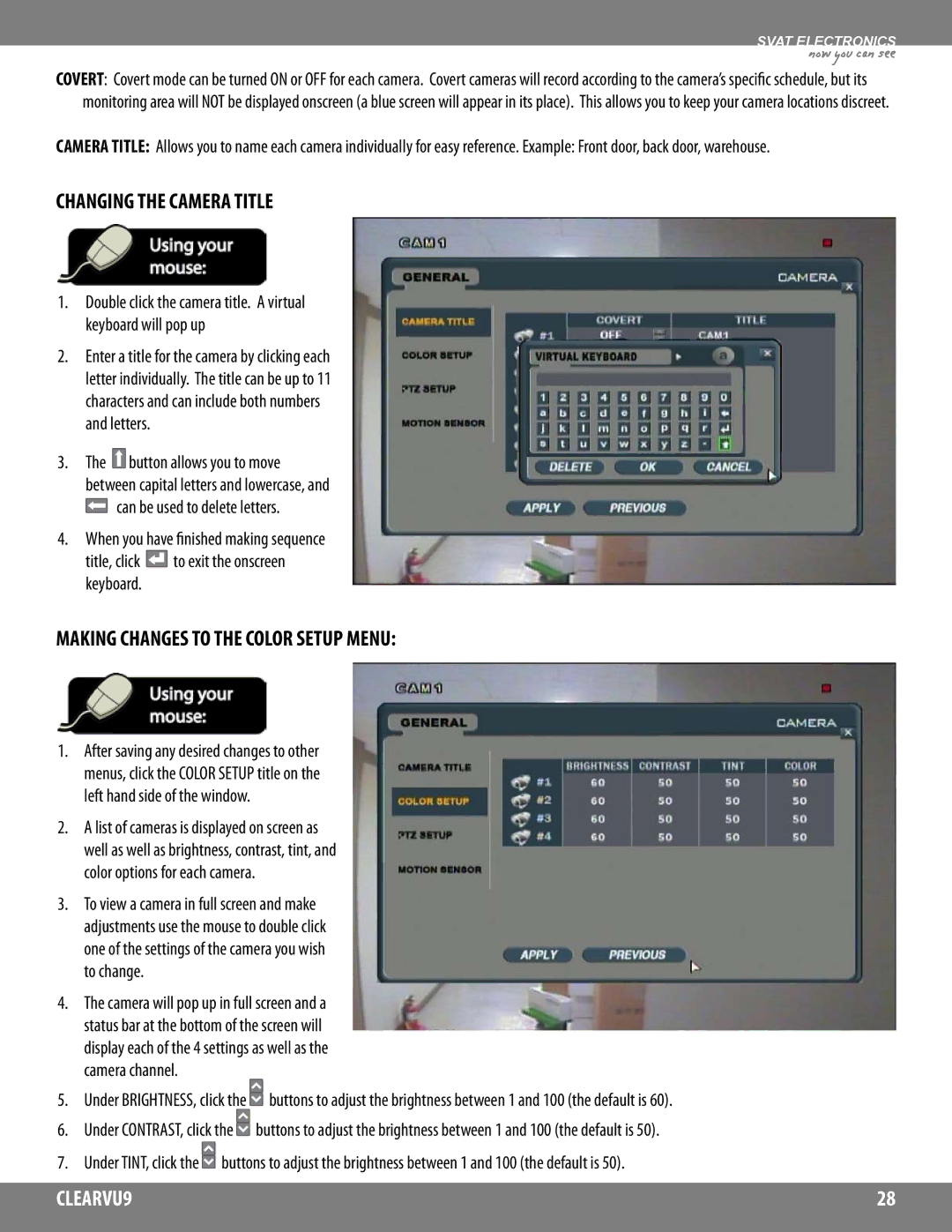 SVAT Electronics CLEARVU9 instruction manual Changing the Camera Title, Making Changes to the Color Setup Menu, Keyboard 