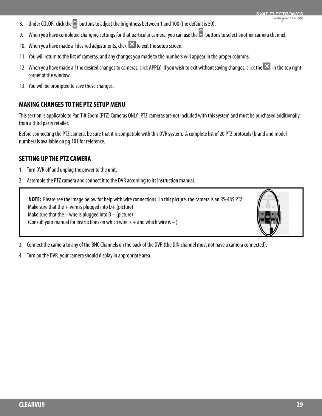 SVAT Electronics CLEARVU9 instruction manual Making Changes to the PTZ Setup Menu, Setting UP the PTZ Camera 