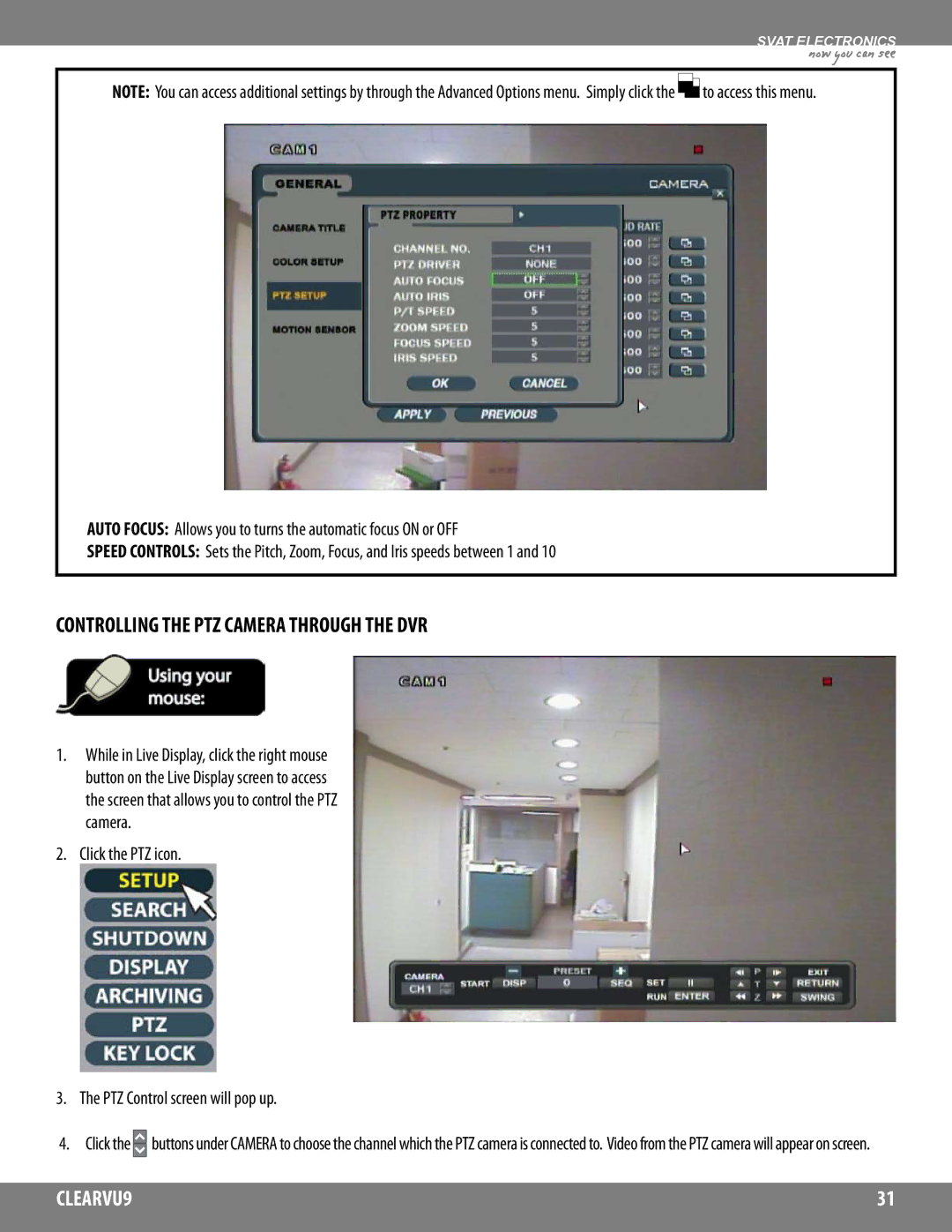 SVAT Electronics CLEARVU9 Controlling the PTZ Camera Through the DVR, Click the PTZ icon PTZ Control screen will pop up 