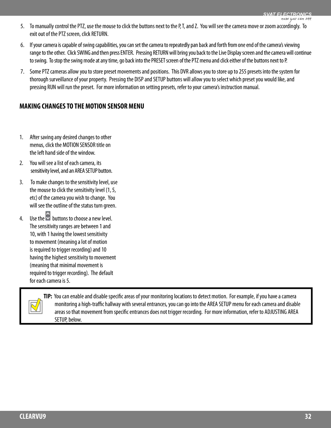 SVAT Electronics CLEARVU9 instruction manual Making Changes to the Motion Sensor Menu 