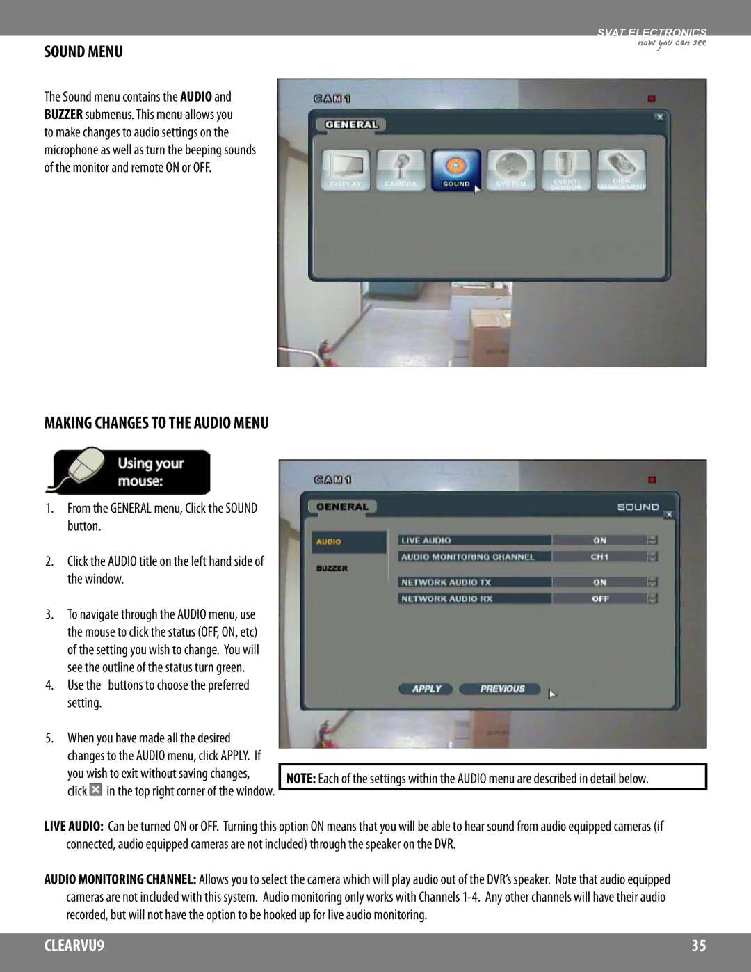 SVAT Electronics CLEARVU9 instruction manual Sound Menu, Making Changes to the Audio Menu 