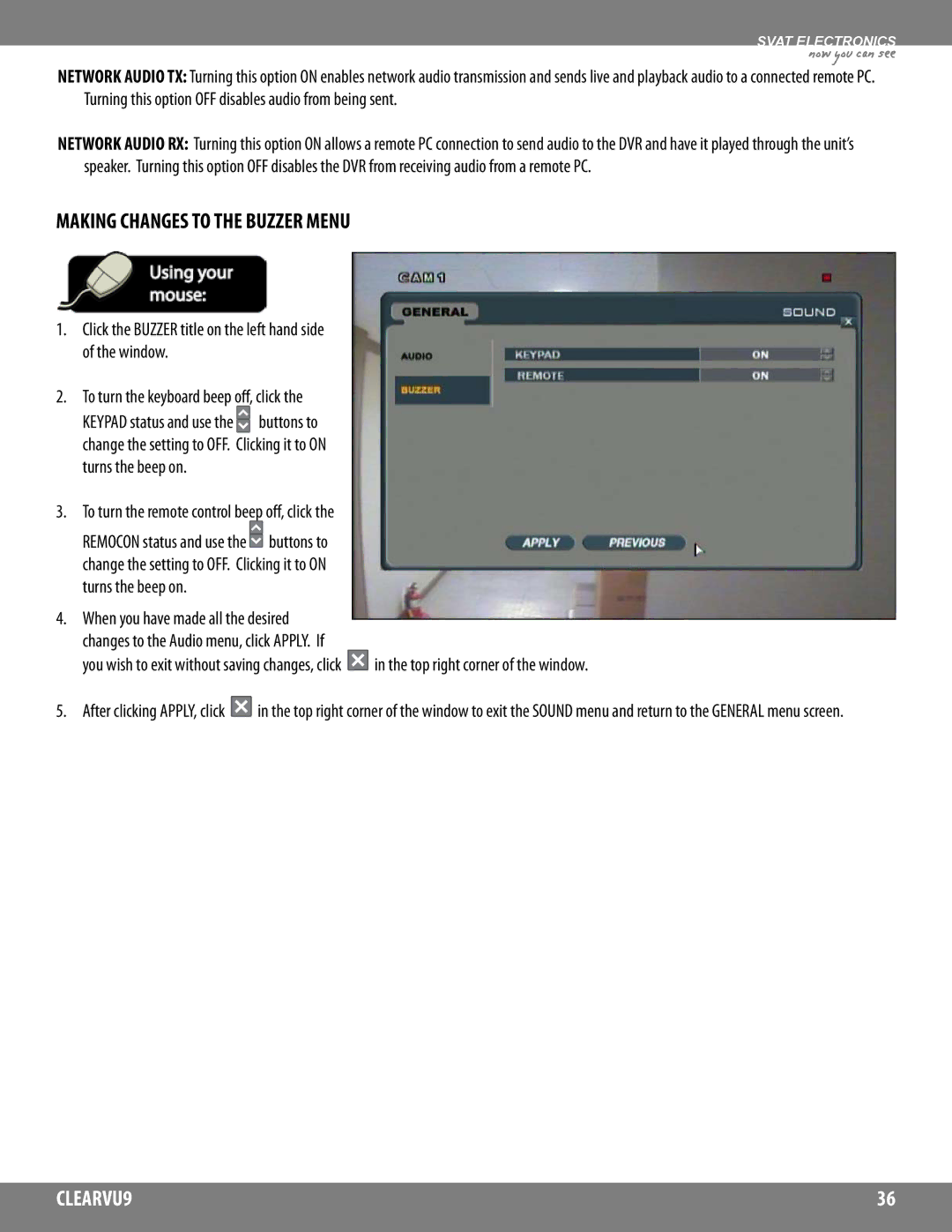 SVAT Electronics CLEARVU9 instruction manual Making Changes to the Buzzer Menu, To turn the remote control beep off, click 