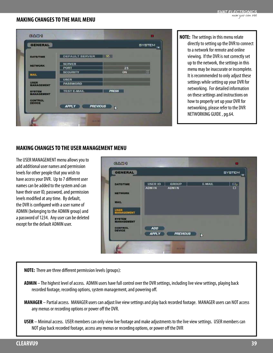 SVAT Electronics CLEARVU9 instruction manual Making Changes to the Mail Menu, Making Changes to the User Management Menu 