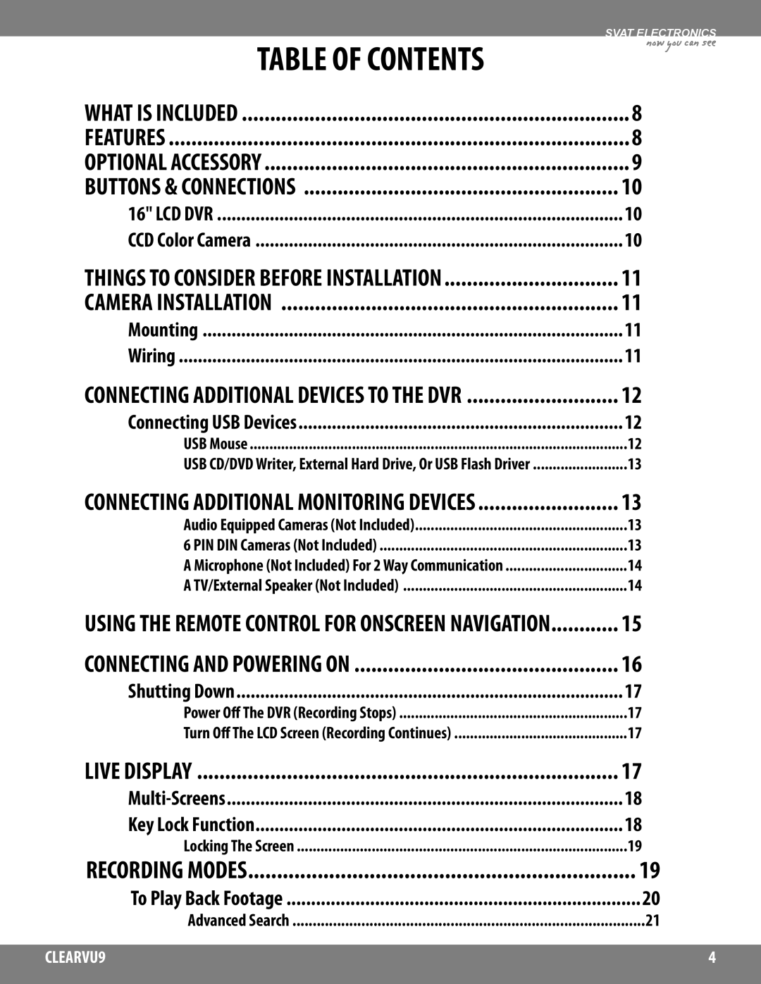 SVAT Electronics CLEARVU9 instruction manual Table of Contents 