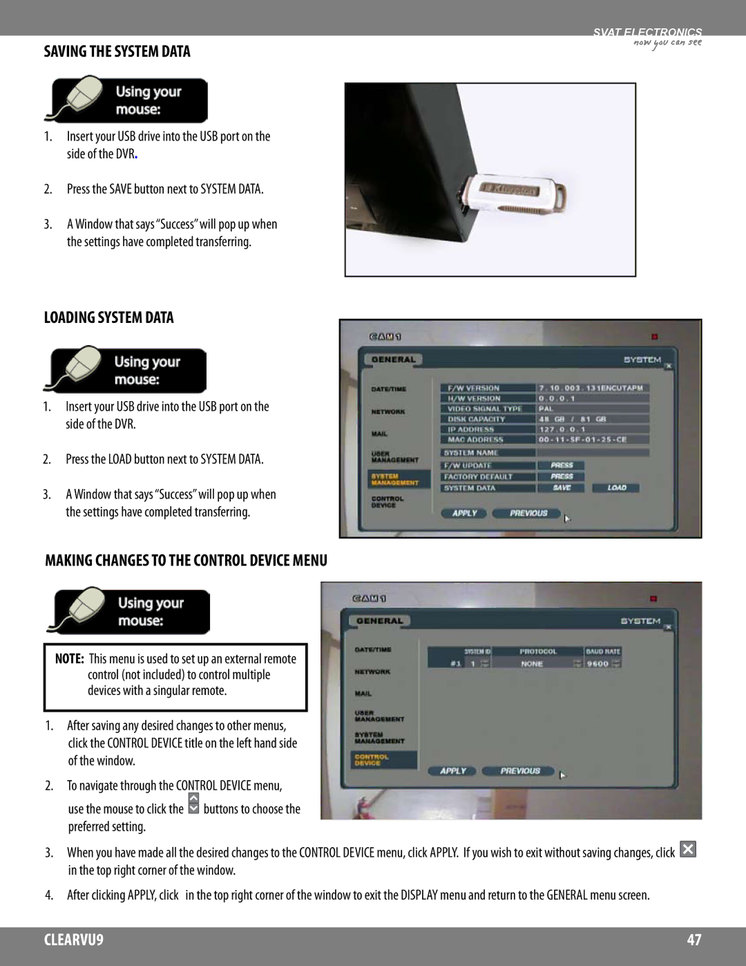 SVAT Electronics CLEARVU9 Saving the System Data, Loading System Data, Making Changes to the Control Device Menu 