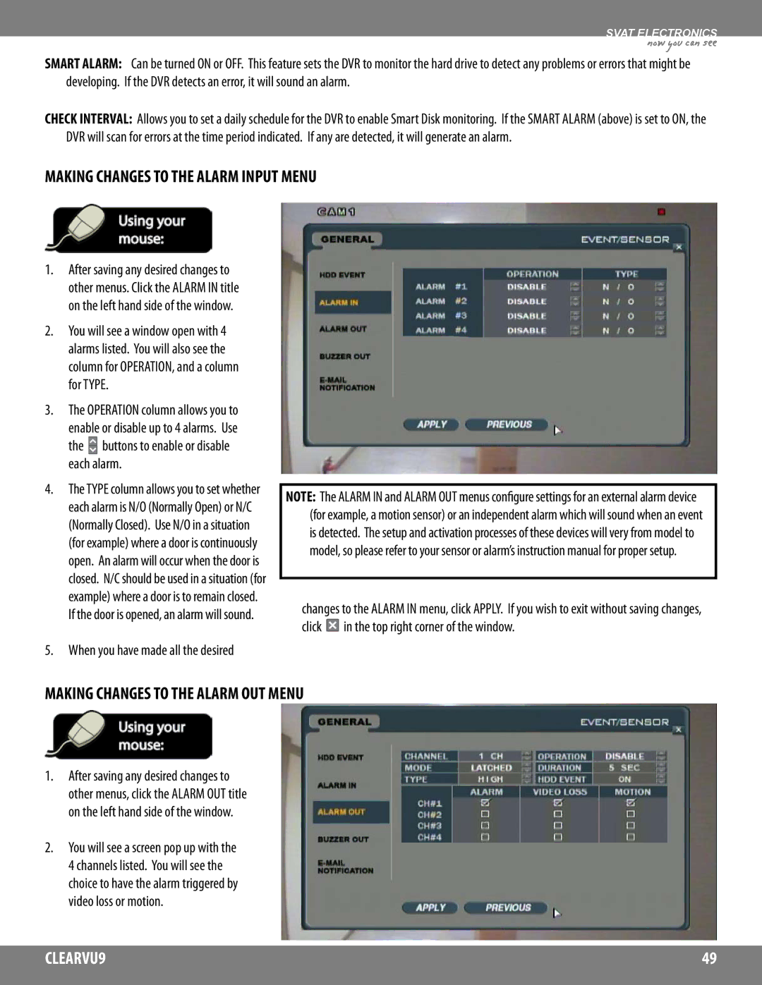 SVAT Electronics CLEARVU9 instruction manual Making Changes to the Alarm Input Menu, Making Changes to the Alarm OUT Menu 