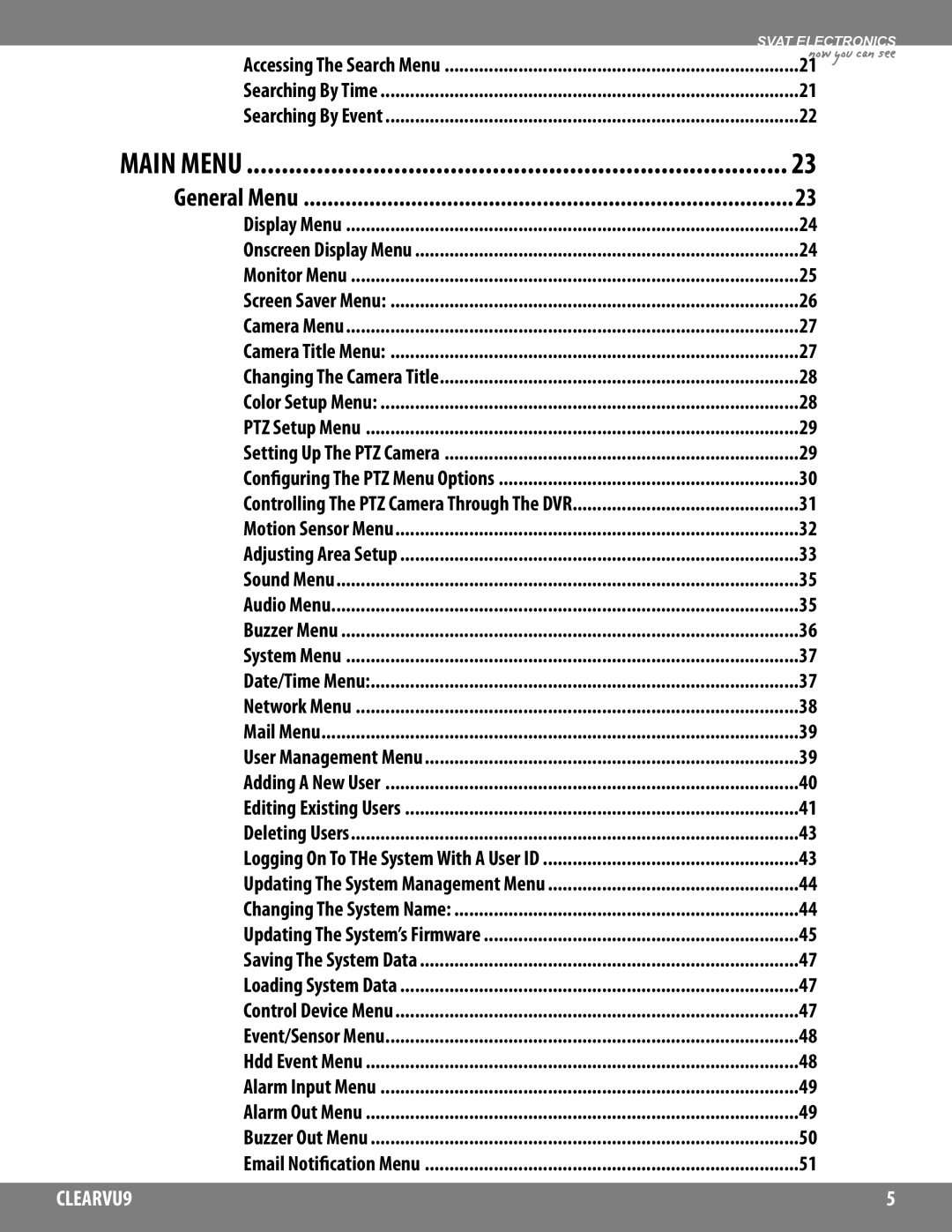 SVAT Electronics CLEARVU9 instruction manual Main Menu, General Menu 