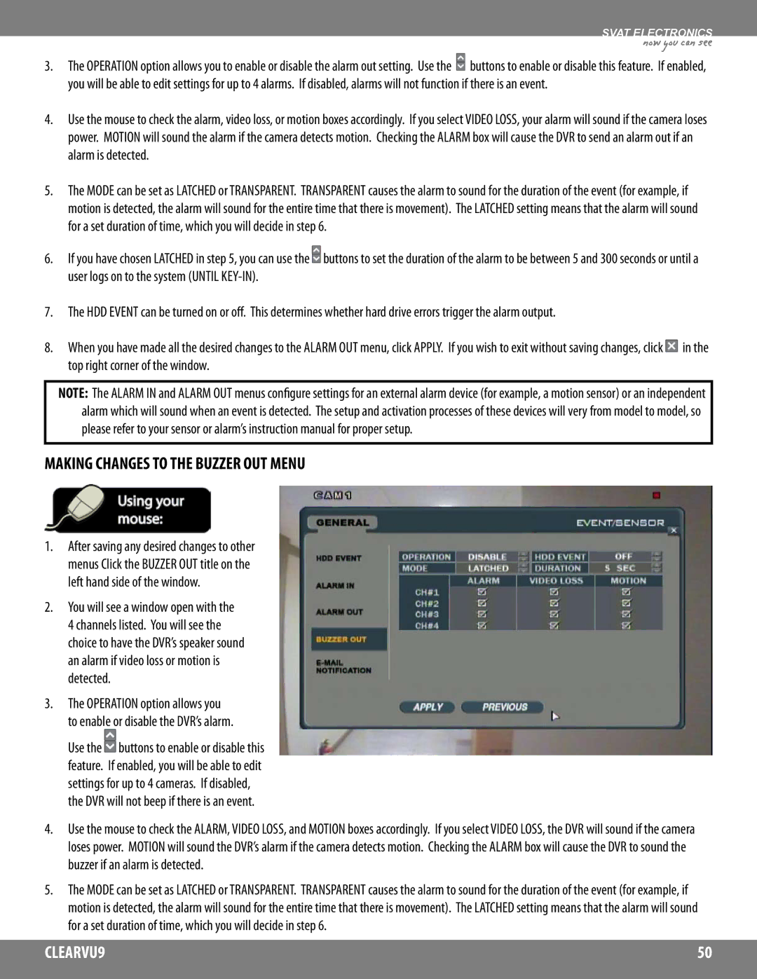 SVAT Electronics CLEARVU9 instruction manual Making Changes to the Buzzer OUT Menu 