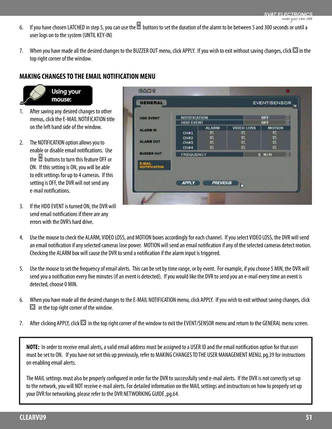 SVAT Electronics CLEARVU9 instruction manual Making Changes to the Email Notification Menu 