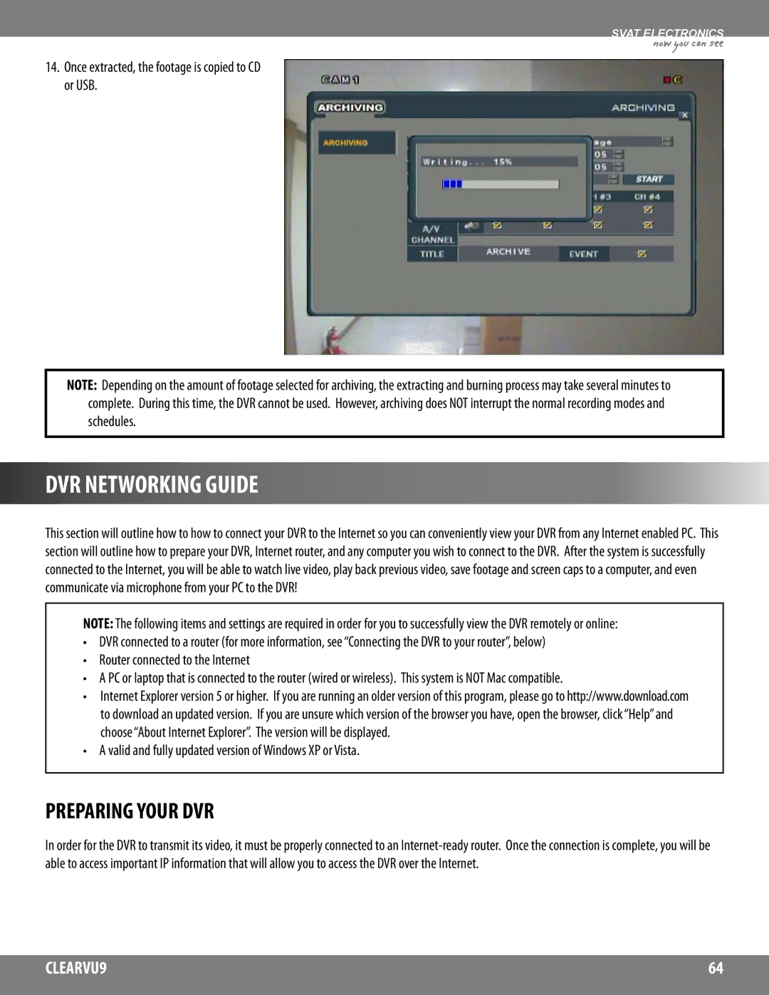 SVAT Electronics CLEARVU9 DVR Networking Guide, Preparing Your DVR, Once extracted, the footage is copied to CD or USB 