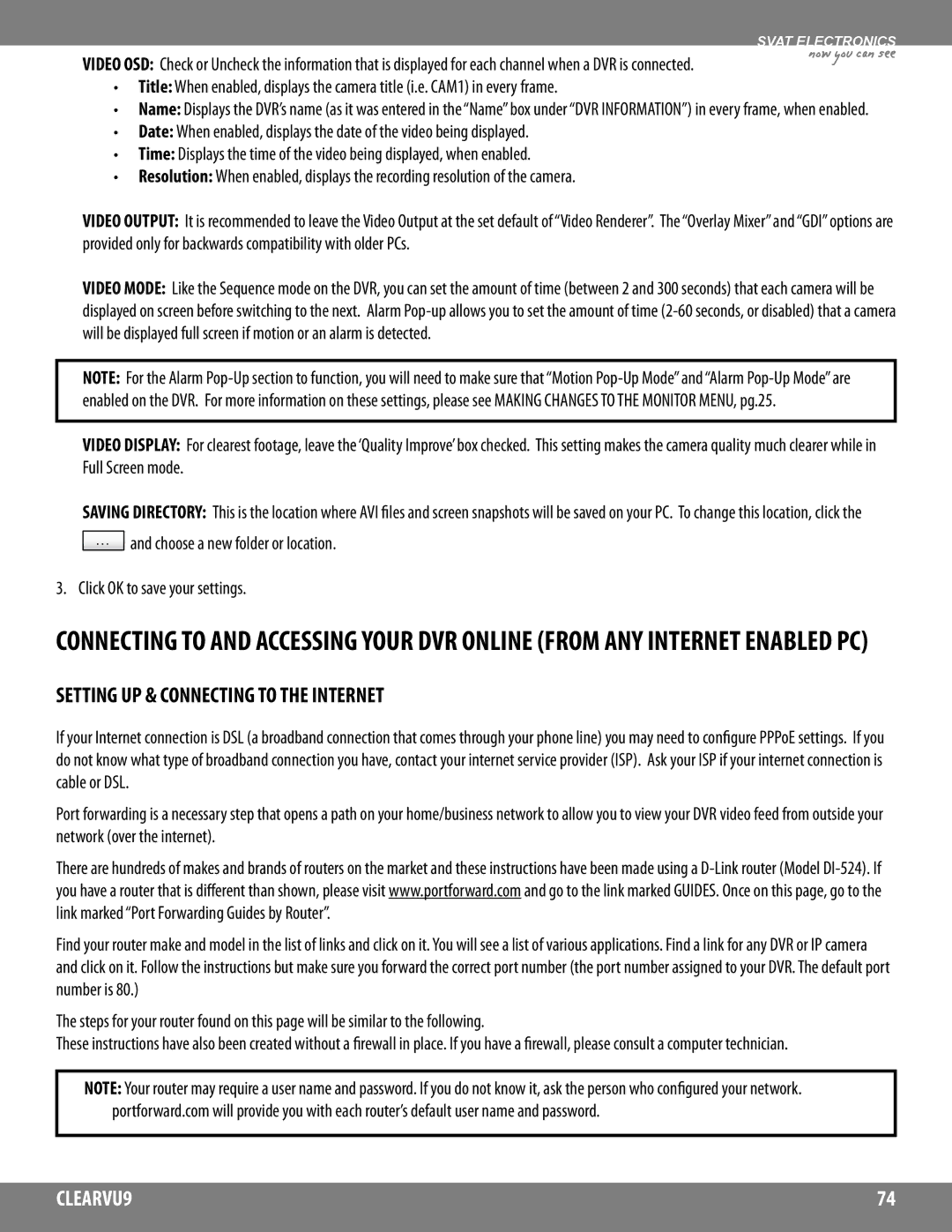 SVAT Electronics CLEARVU9 instruction manual Setting UP & Connecting to the Internet 