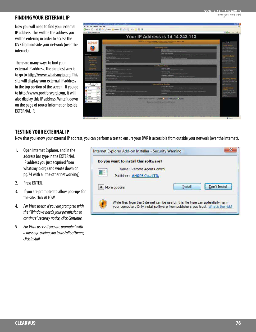 SVAT Electronics CLEARVU9 instruction manual Finding Your External IP, Testing Your External IP, Press Enter 