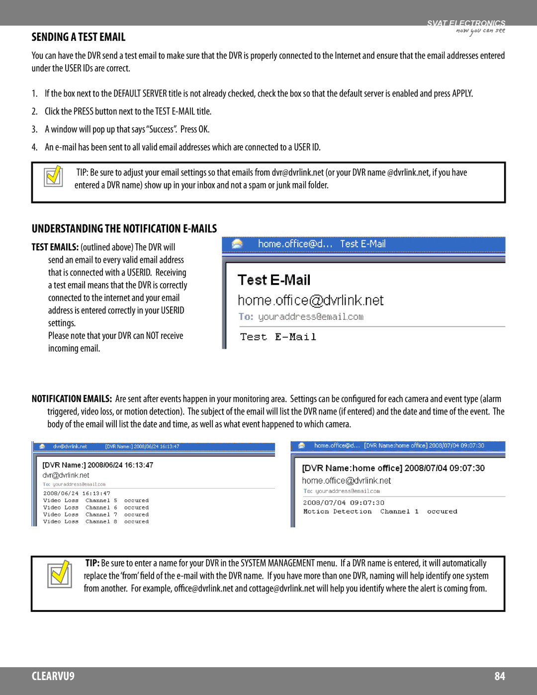 SVAT Electronics CLEARVU9 instruction manual Sending a Test Email, Understanding the Notification E-MAILS 