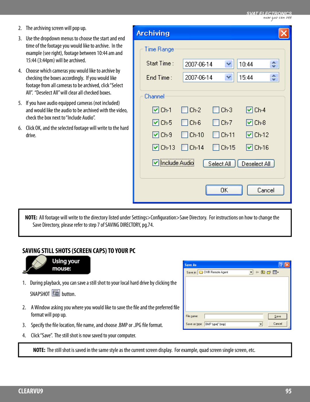 SVAT Electronics CLEARVU9 instruction manual Saving Still Shots Screen Caps to Your PC, Archiving screen will pop up 