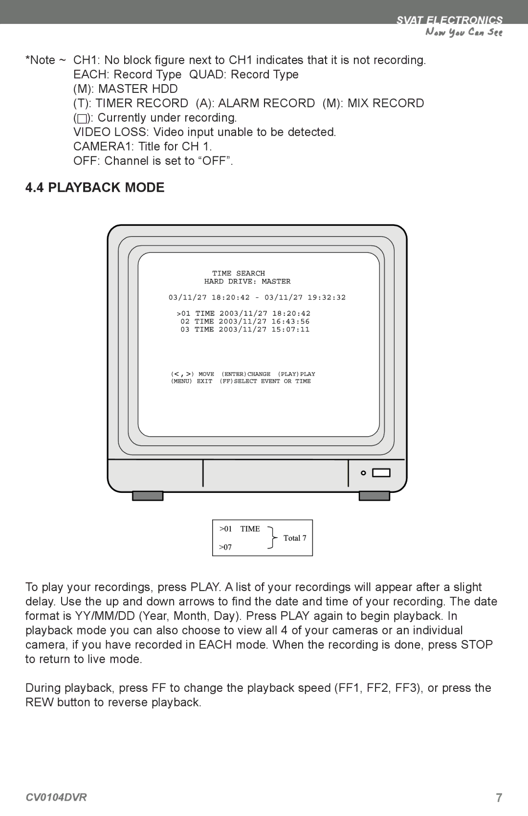 SVAT Electronics CV0104DVR instruction manual Playback Mode, Master HDD Timer Record a Alarm Record M MIX Record 