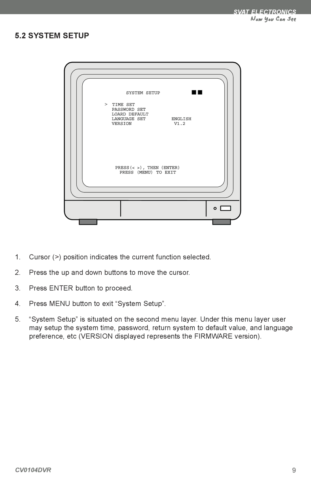 SVAT Electronics CV0104DVR instruction manual System Setup 