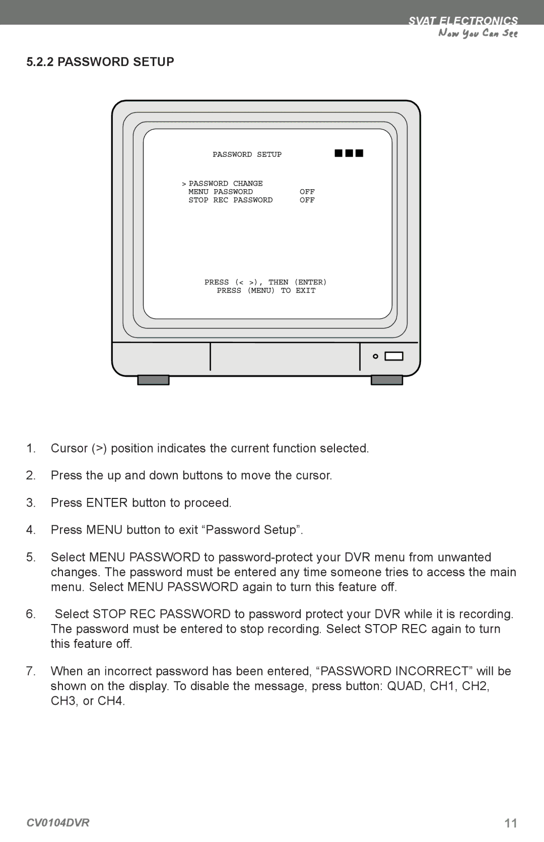 SVAT Electronics CV0104DVR instruction manual Password Setup 