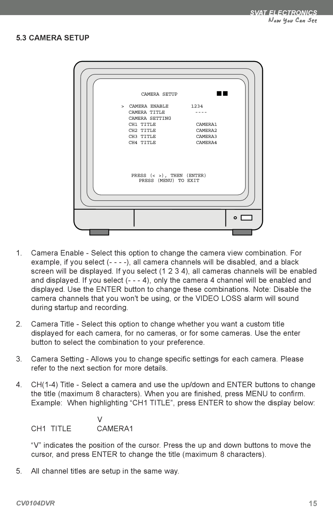 SVAT Electronics CV0104DVR instruction manual Camera Setup, CH1 Title CAMERA1 