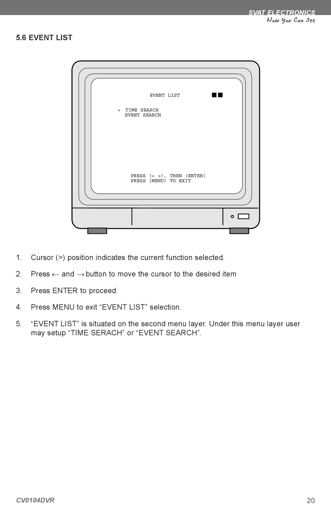 SVAT Electronics CV0104DVR instruction manual Event List 