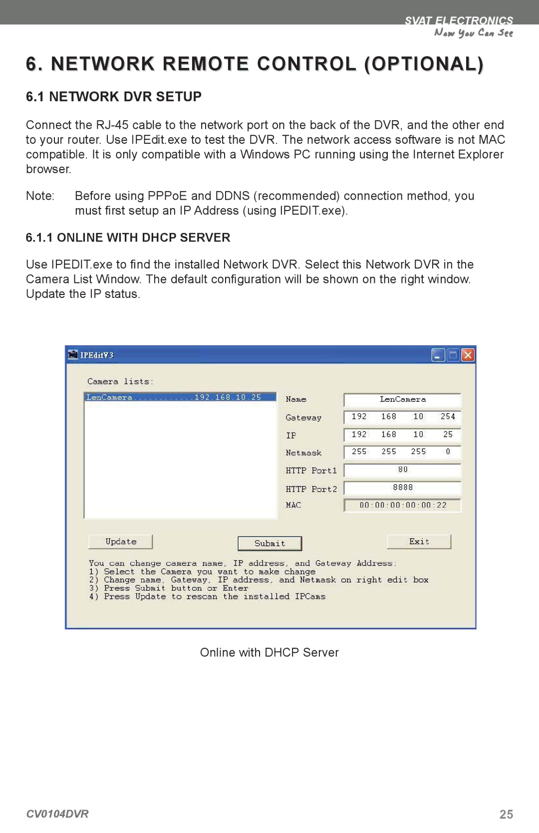 SVAT Electronics CV0104DVR instruction manual Network Remote Control Optional, Network DVR Setup, Online with Dhcp Server 