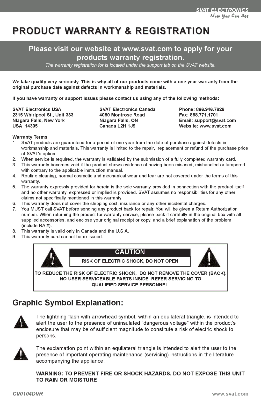 SVAT Electronics CV0104DVR instruction manual Product Warranty & Registration, Products warranty registration 