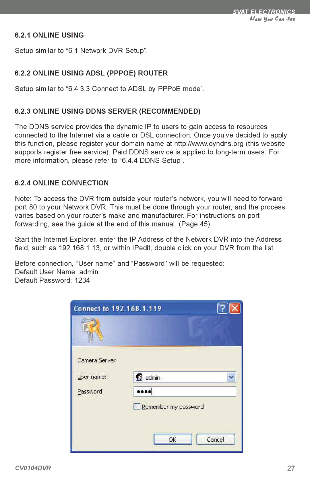SVAT Electronics CV0104DVR Online Using Adsl Pppoe Router, Online Using Ddns Server Recommended Online Connection 