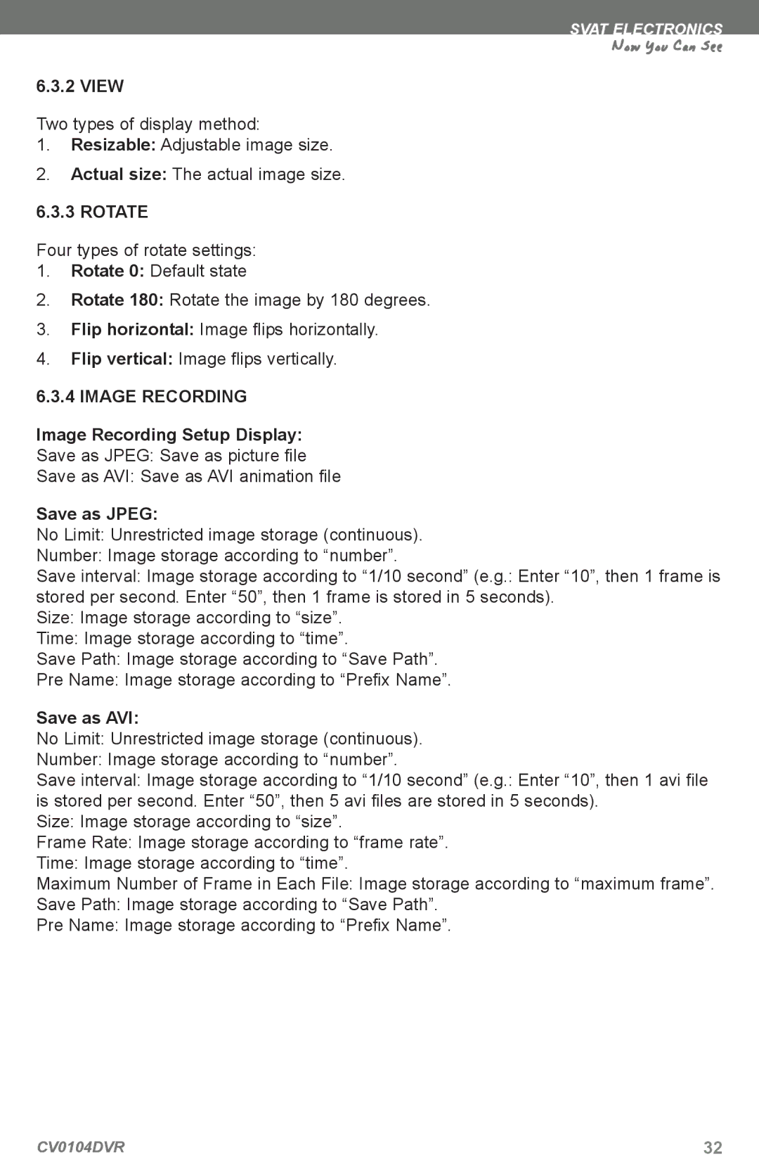 SVAT Electronics CV0104DVR instruction manual Image Recording 