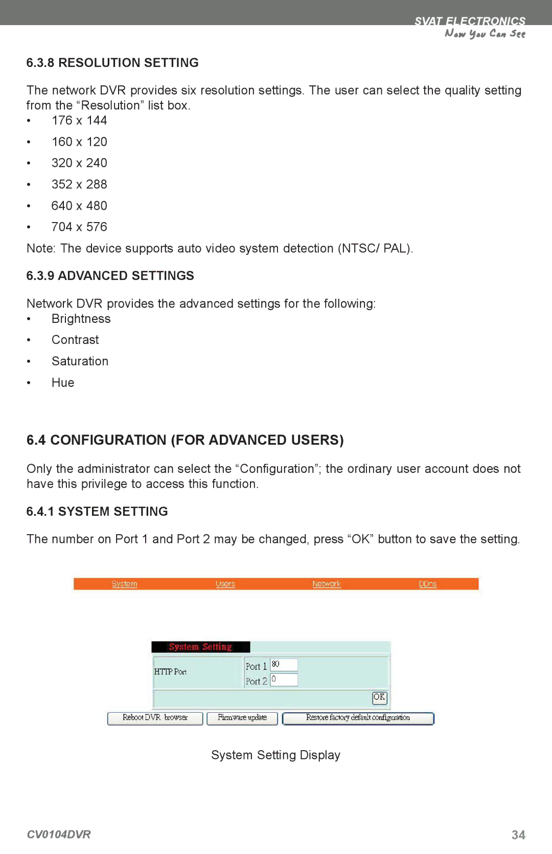 SVAT Electronics CV0104DVR Configuration for Advanced Users, Resolution Setting, Advanced Settings, System Setting 