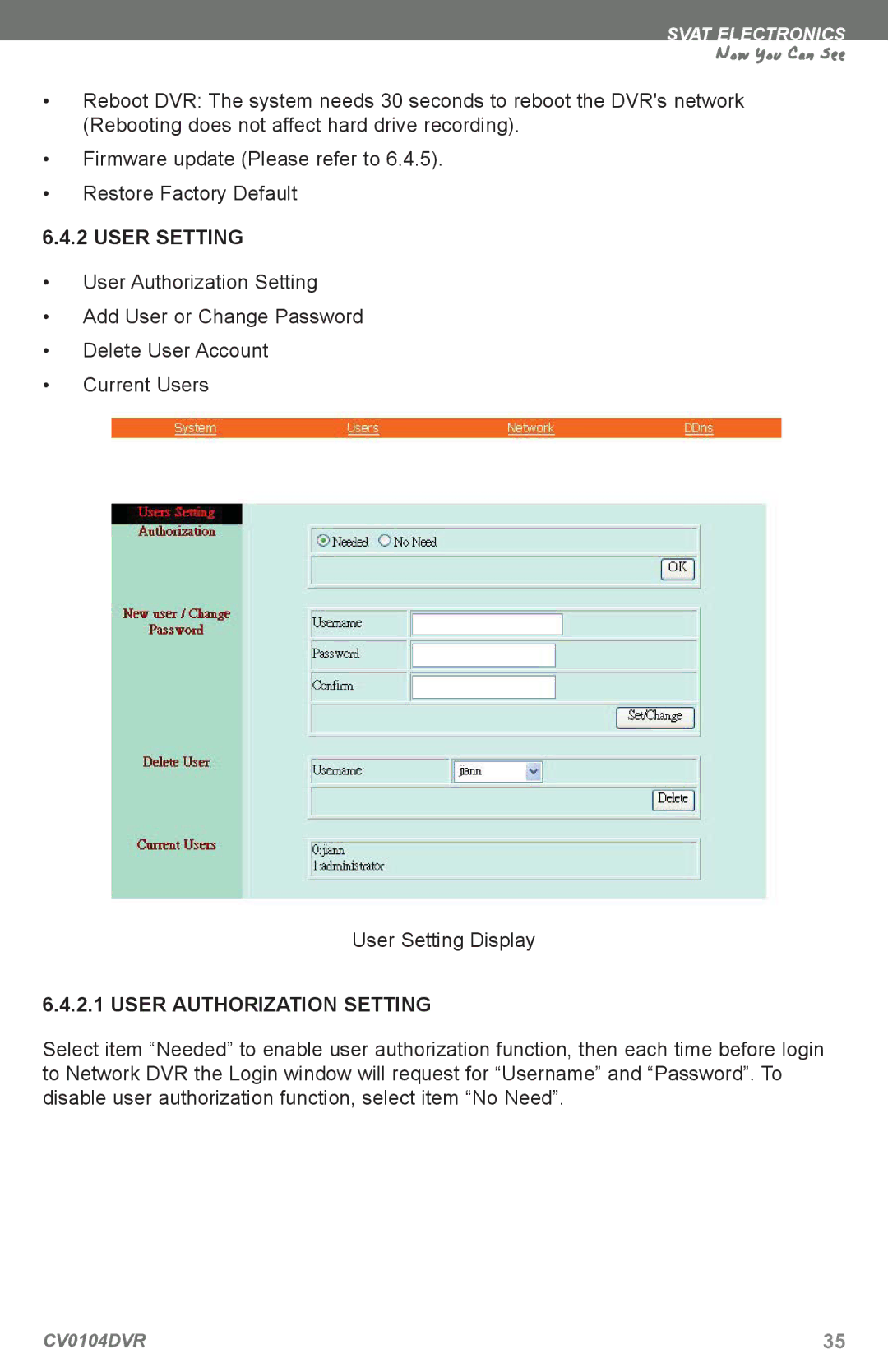 SVAT Electronics CV0104DVR instruction manual User Setting, User Authorization Setting 