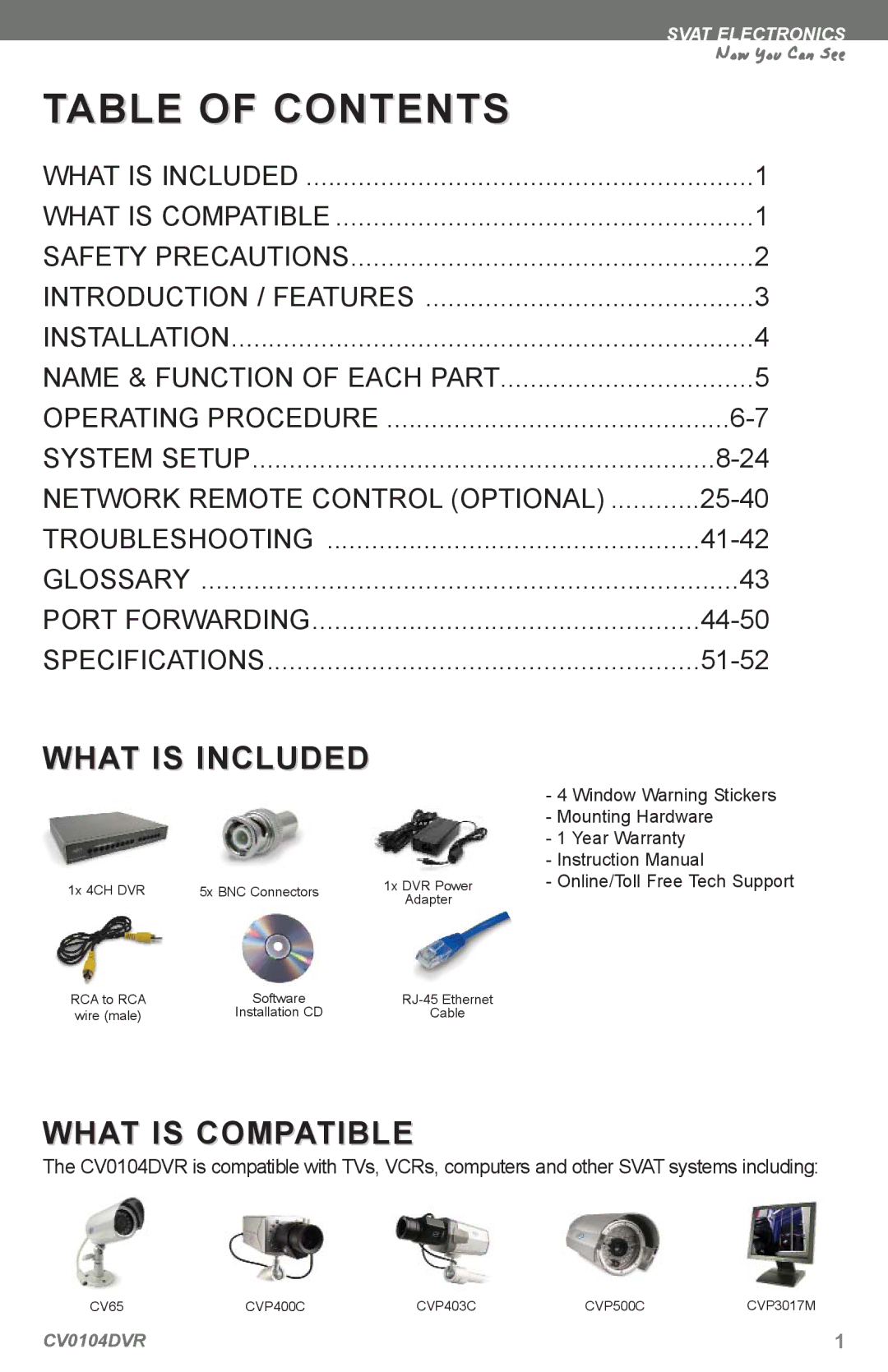 SVAT Electronics CV0104DVR instruction manual Table of Contents 