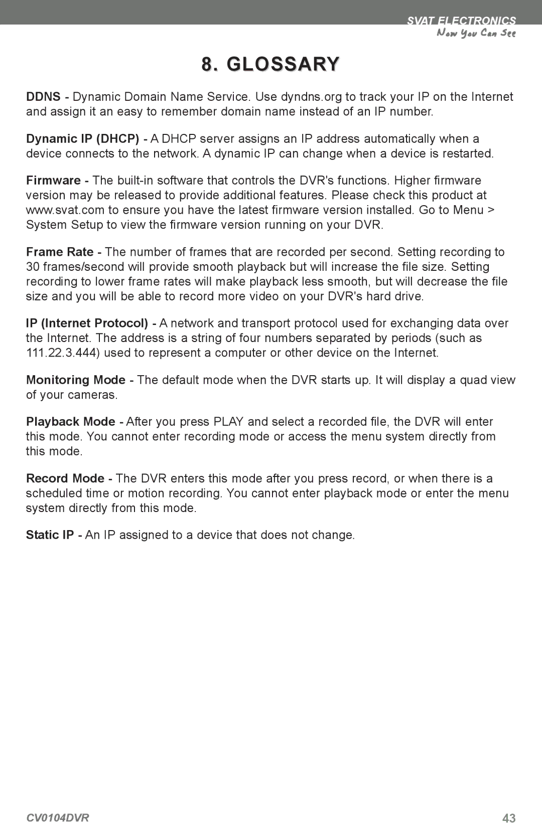 SVAT Electronics CV0104DVR instruction manual Glossary 