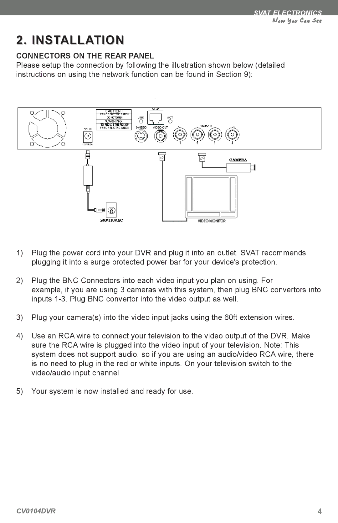 SVAT Electronics CV0104DVR instruction manual Installation, Connectors on the Rear Panel 