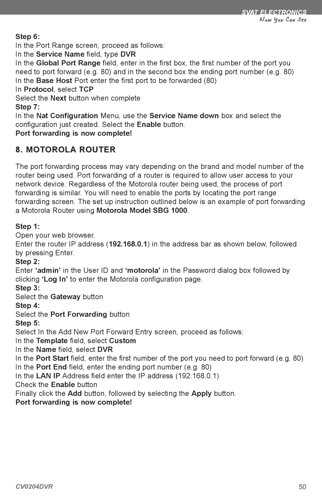 SVAT Electronics CV0204DVR instruction manual Motorola Router 