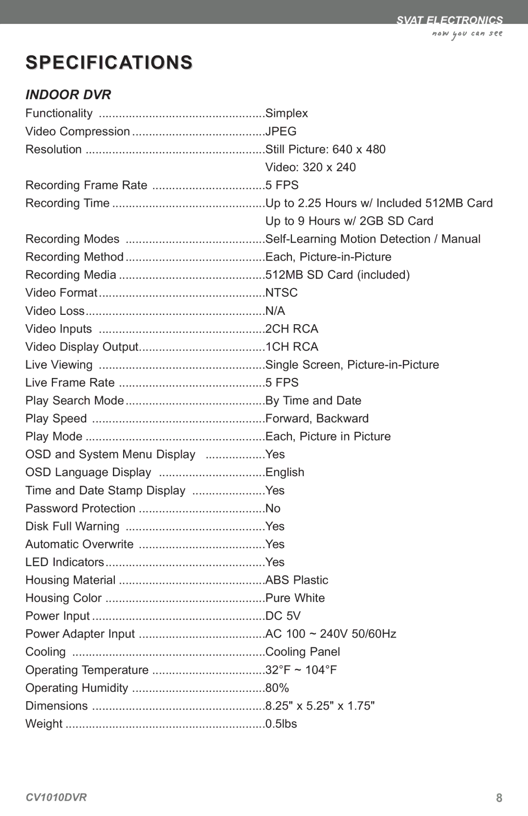 SVAT Electronics CV1010 instruction manual Specifications, Fps 