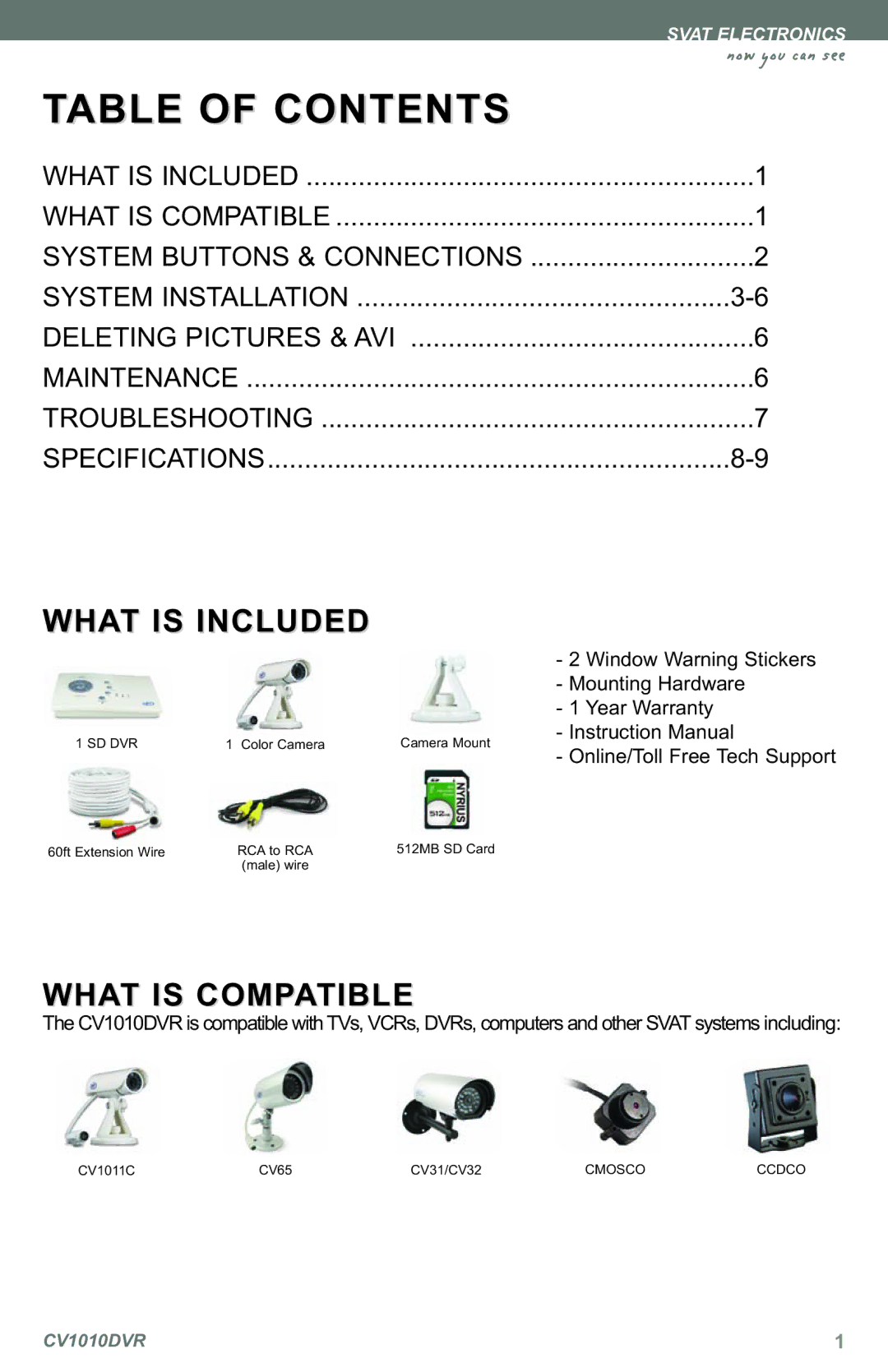 SVAT Electronics CV1010 instruction manual Table of Contents 