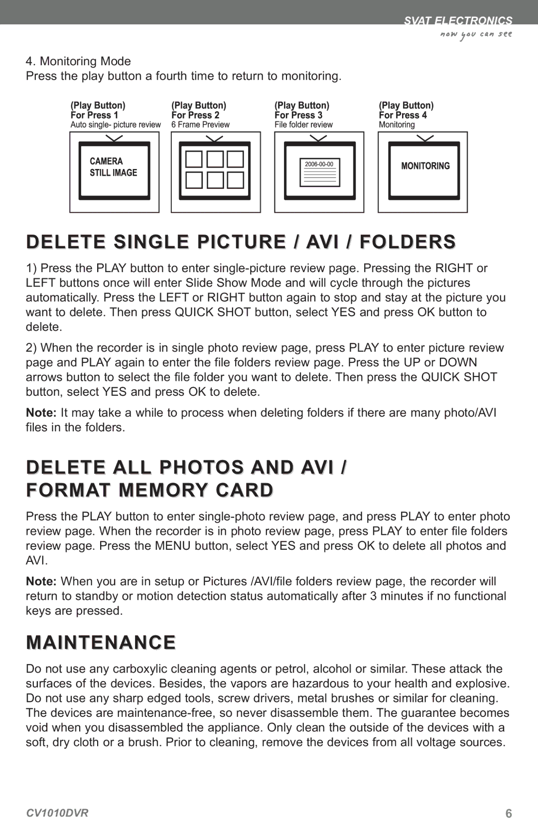 SVAT Electronics CV1010 Delete Single Picture / AVI / Folders, Delete ALL Photos and AVI Format Memory Card, Maintenance 