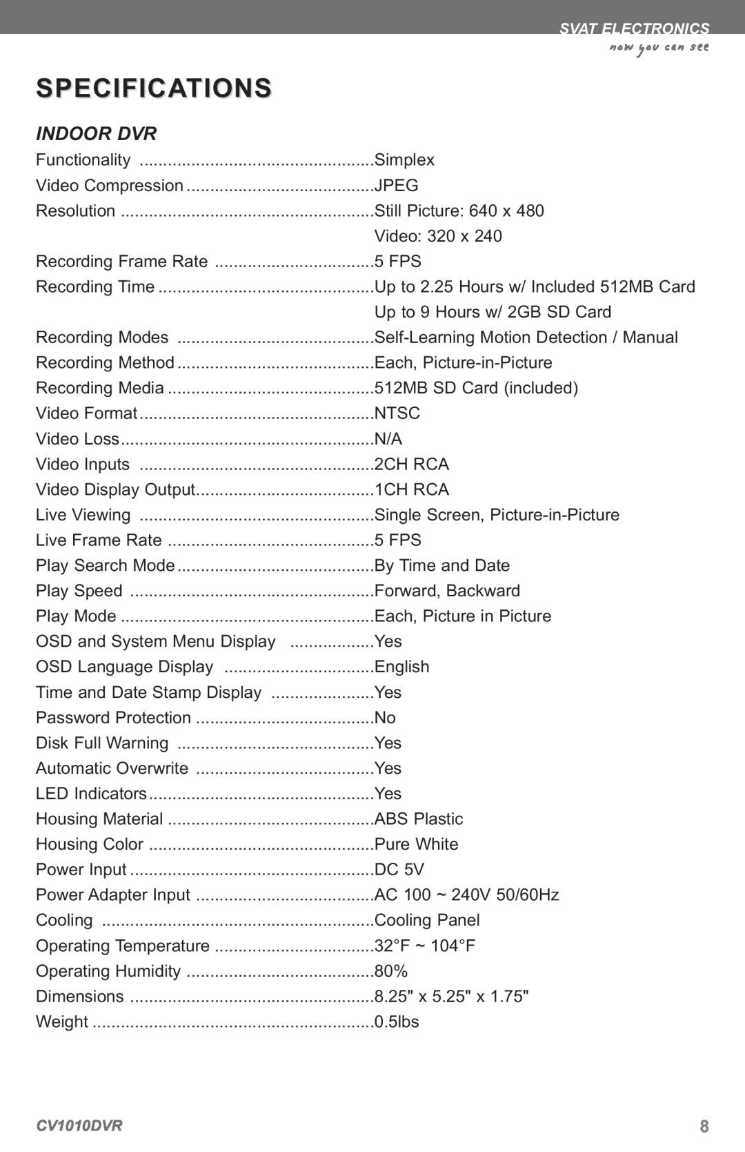 SVAT Electronics CV1010 instruction manual Specifications, now you can see 