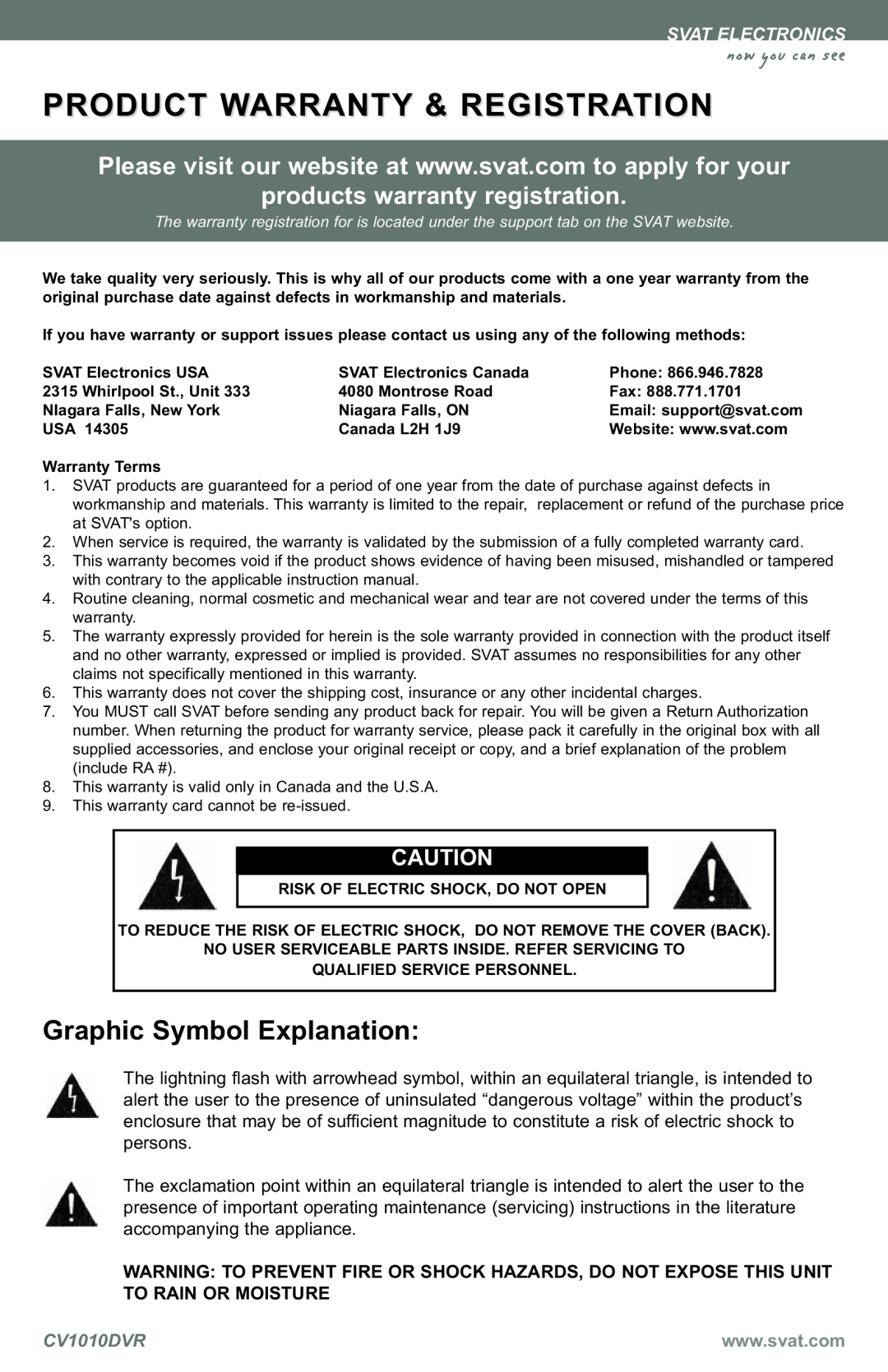 SVAT Electronics CV1010 PRODUCT WARRANTY & REGISTRATION now you can see, Graphic Symbol Explanation, Svat Electronics 