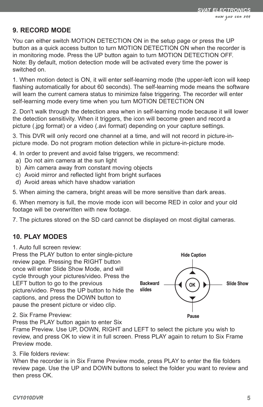 SVAT Electronics CV1010 instruction manual Record Mode, Play Modes 
