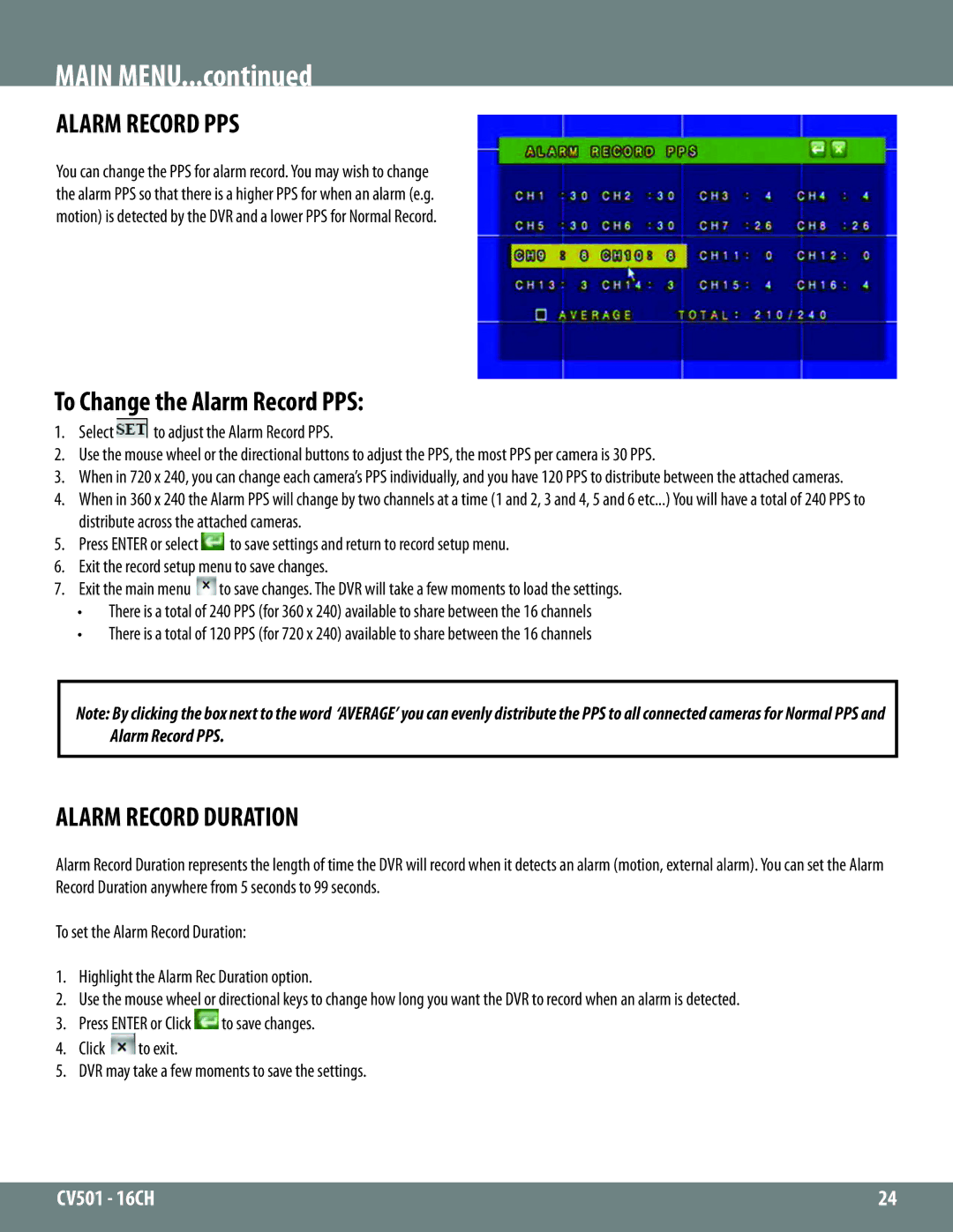 SVAT Electronics CV501 - 16CH instruction manual To Change the Alarm Record PPS, Alarm Record Duration 