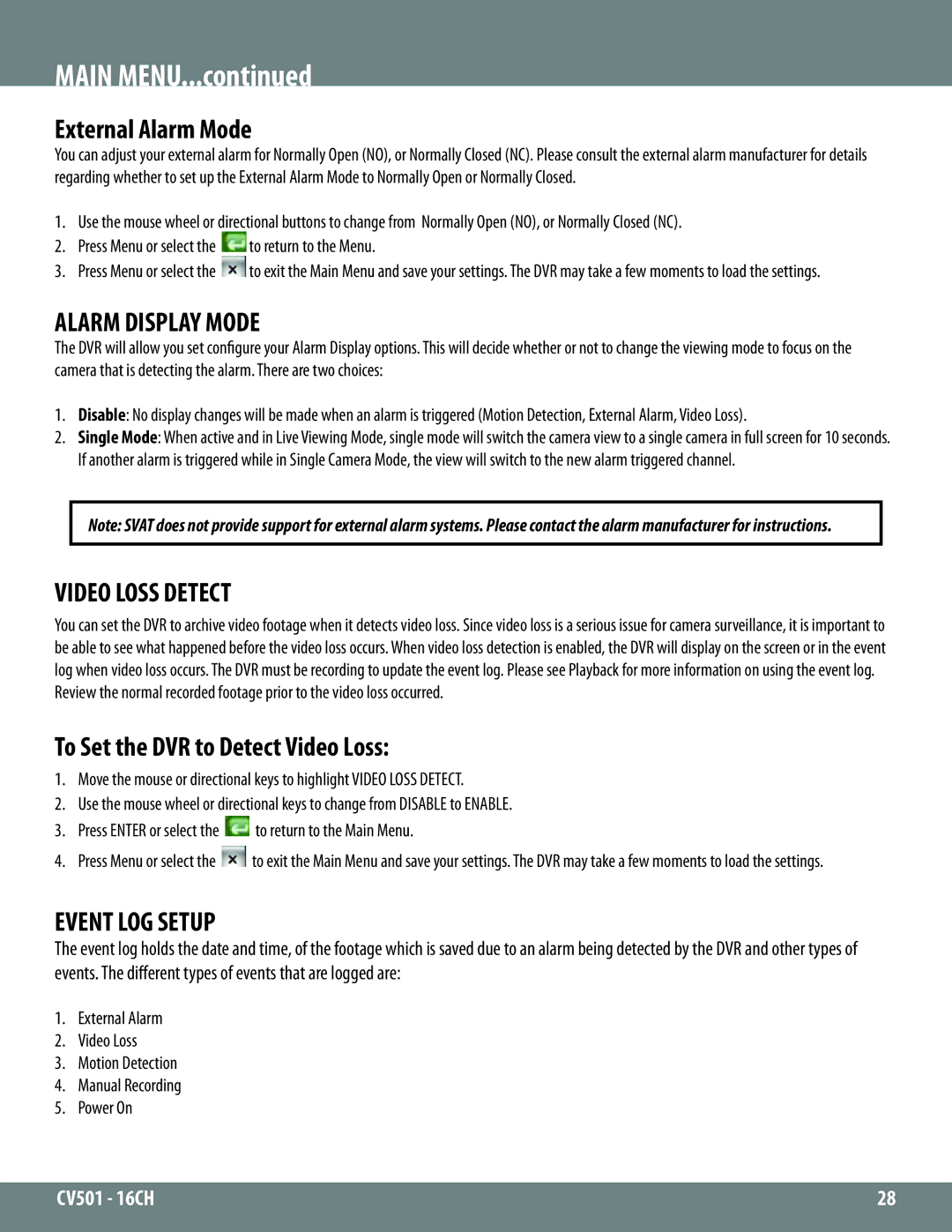 SVAT Electronics CV501 - 16CH External Alarm Mode, Alarm Display Mode, Video Loss Detect, Event LOG Setup 