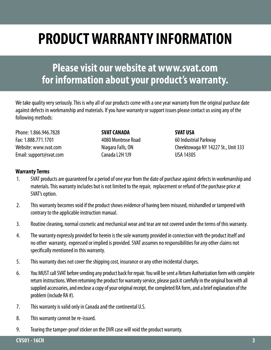 SVAT Electronics CV501 - 16CH instruction manual Product Warranty Information, Warranty Terms 