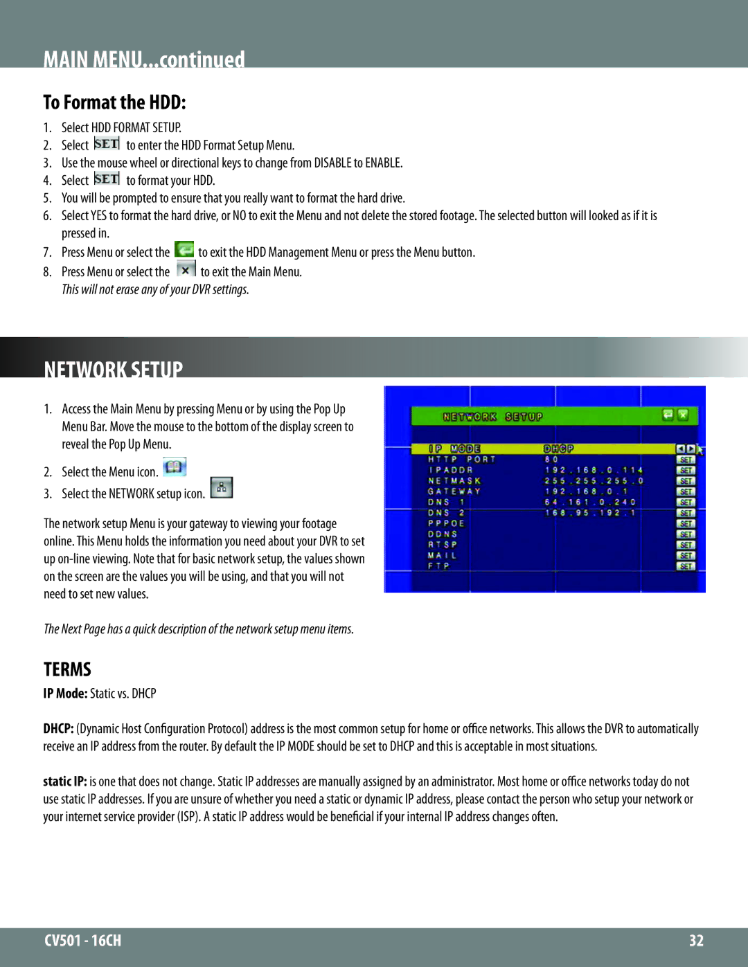 SVAT Electronics CV501 - 16CH instruction manual Network Setup, To Format the HDD, Terms 