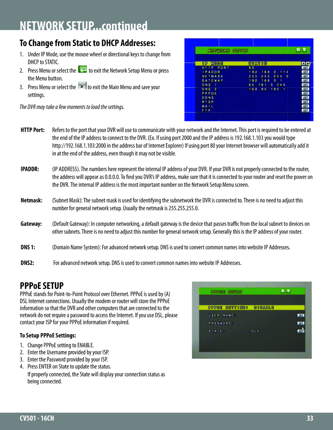 SVAT Electronics CV501 - 16CH instruction manual To Change from Static to Dhcp Addresses, To Setup PPPoE Settings 