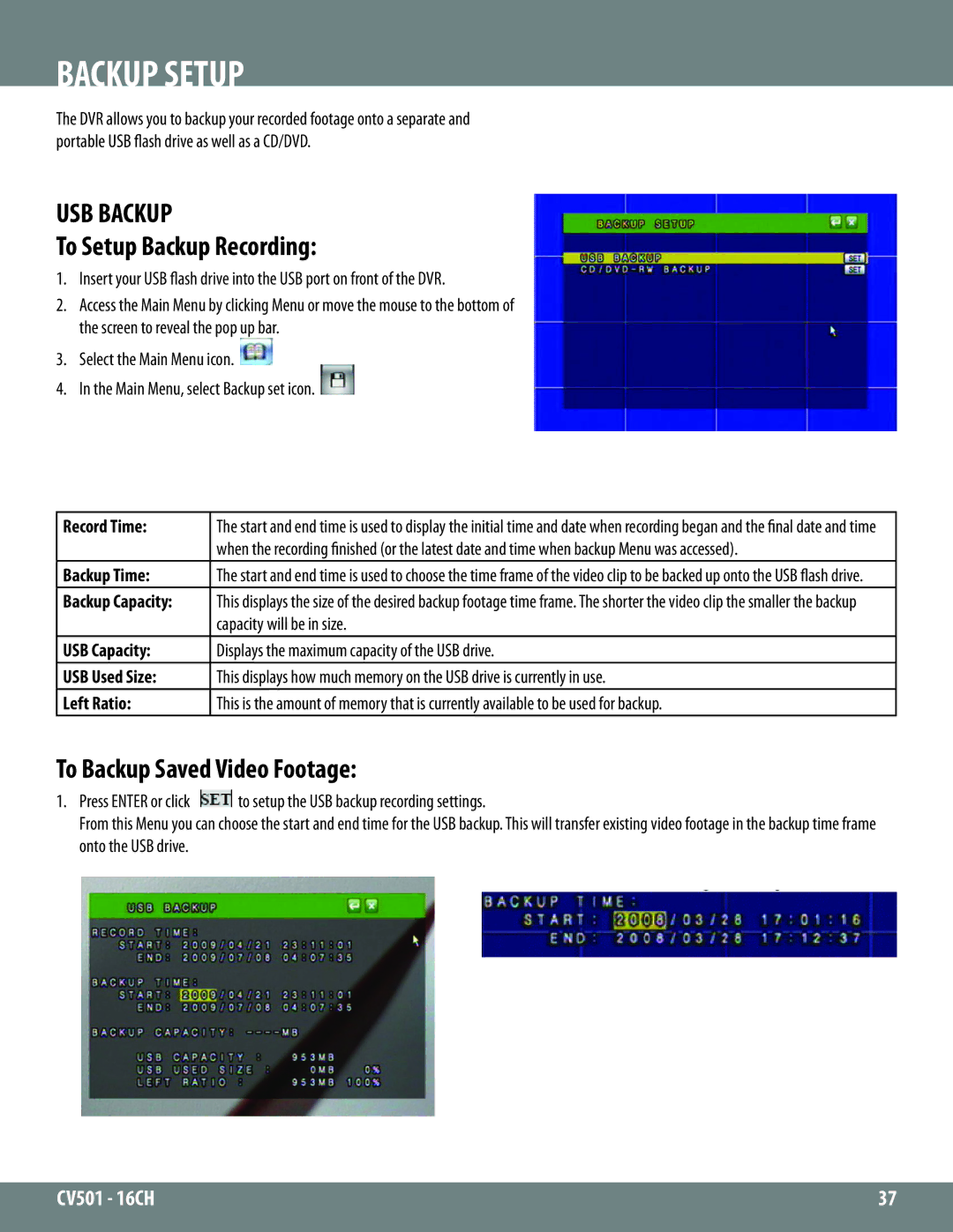 SVAT Electronics CV501 - 16CH instruction manual USB Backup, To Setup Backup Recording, To Backup Saved Video Footage 